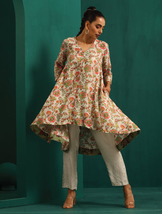 trueBrowns Off white Floral Jaal Muslin Silk Printed High Low Co-ord Set - Swadesiicart