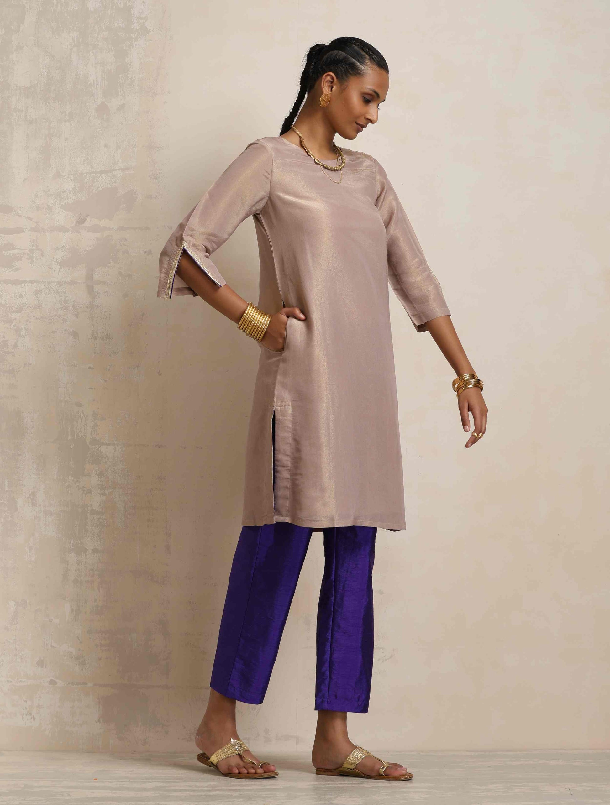 trueBrowns Lilac Tissue Kurta Co-ord Set - Swadesiicart