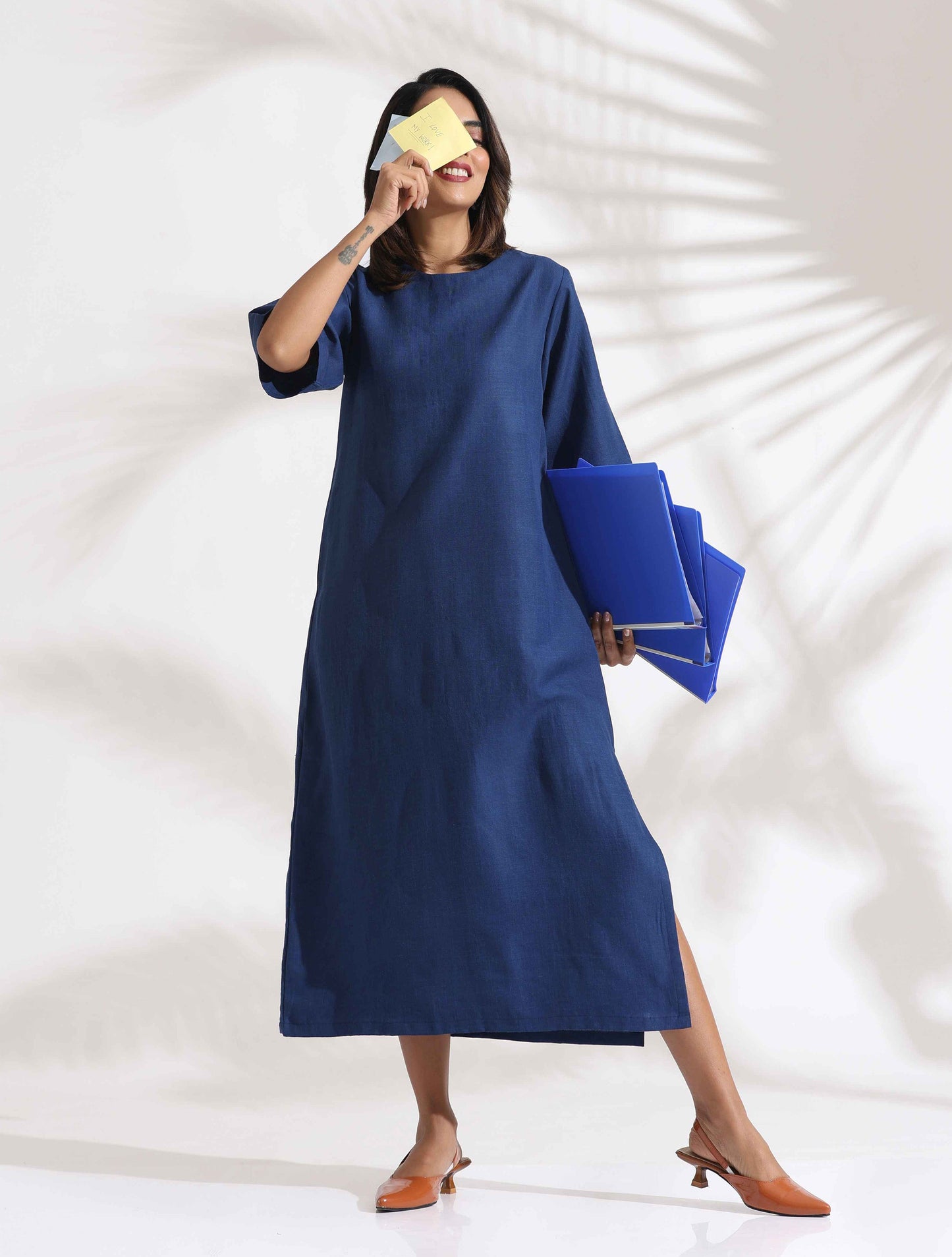 trueBrowns Blue Slub Dress | Swadesiicart