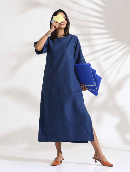 trueBrowns Blue Slub Dress | Swadesiicart