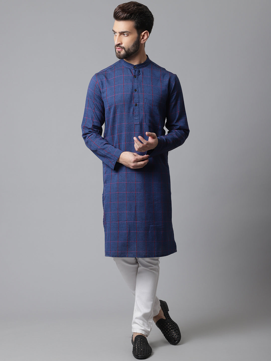 Even Apparels Blue Long Kurta With Band Collar | Swadesiicart