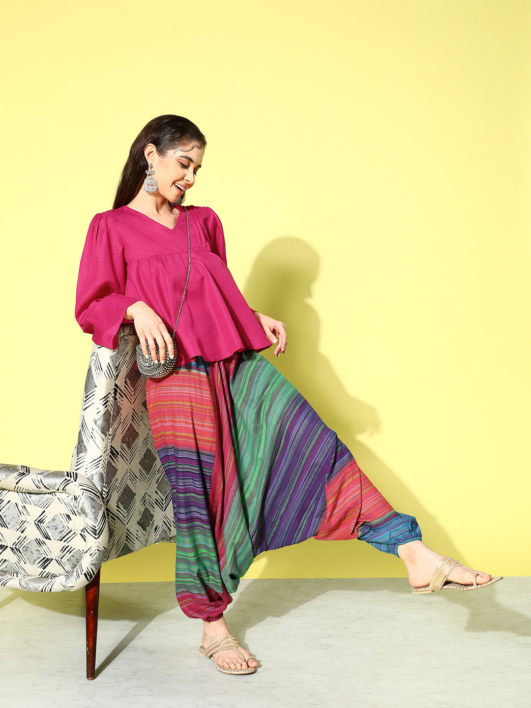 InWeave Women's Magenta Top With Multi Clr Harem Set - Swadesiicart