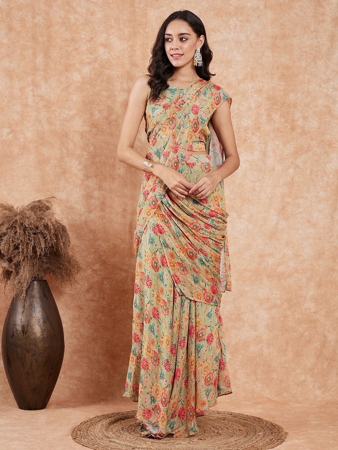 InWeave Women's Pear Green Red Floral Skirt Saree - Swadesiicart