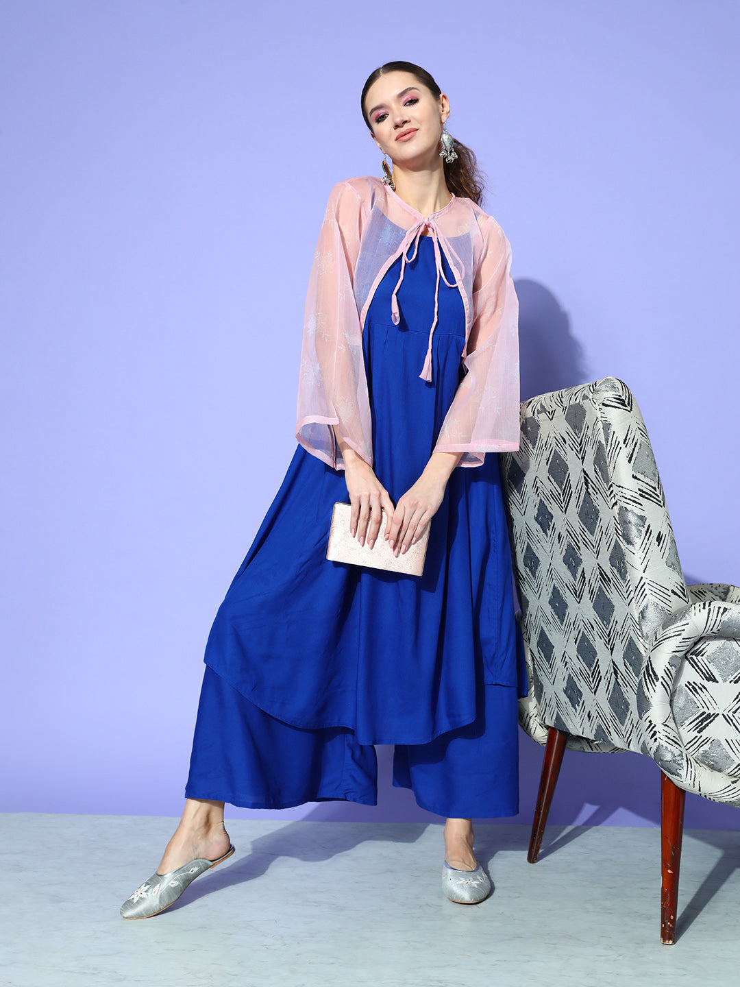 InWeave Women's Ink Blue Strappy Set With Pink Chintz Print Short Organza Cape - Swadesiicart