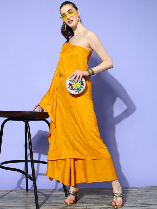 InWeave Women's Mustard Mirror Work One Shoulder Kurta Set - Swadesiicart