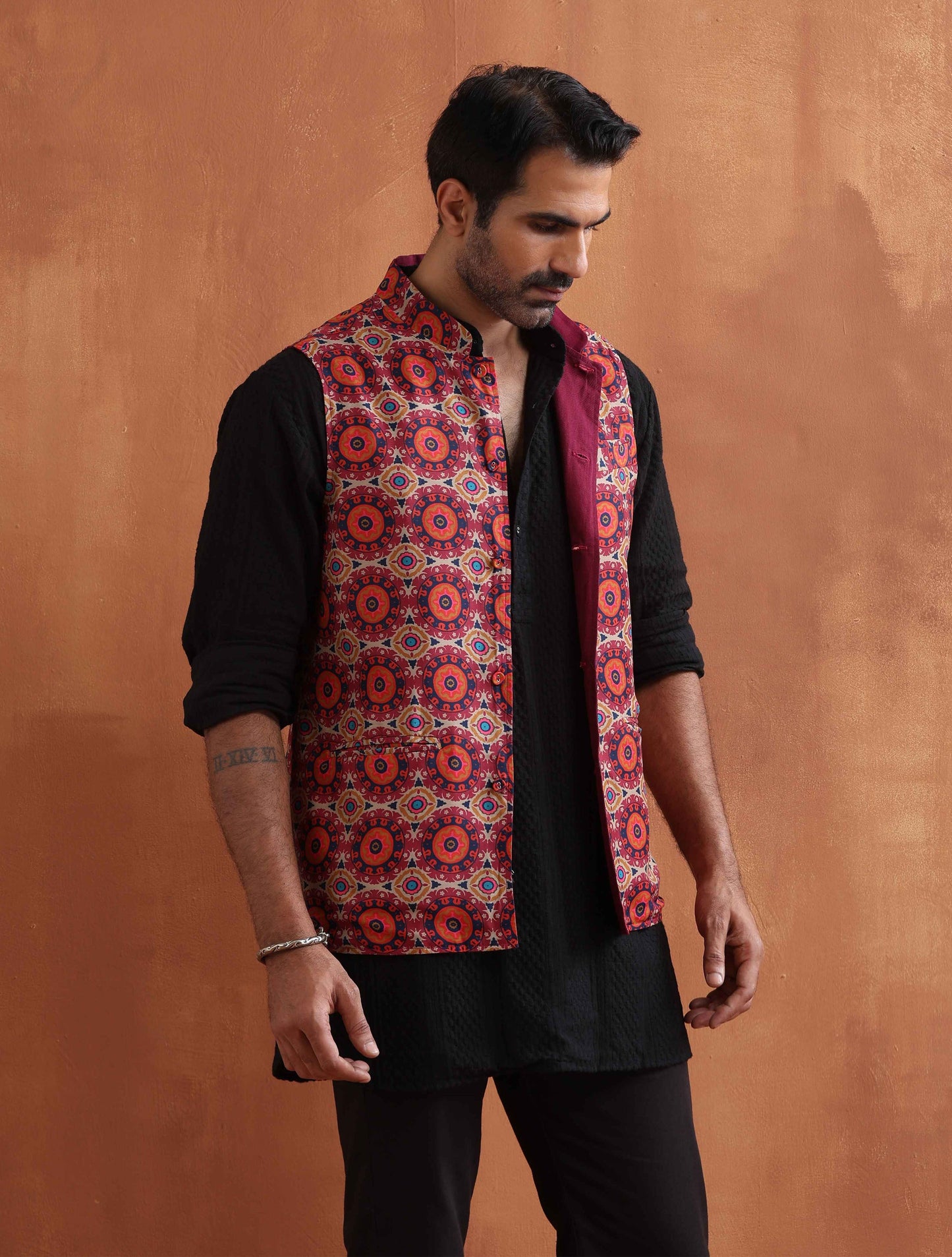 trueBrowns Men's Beige Printed Nehru Jacket | Swadesiicart