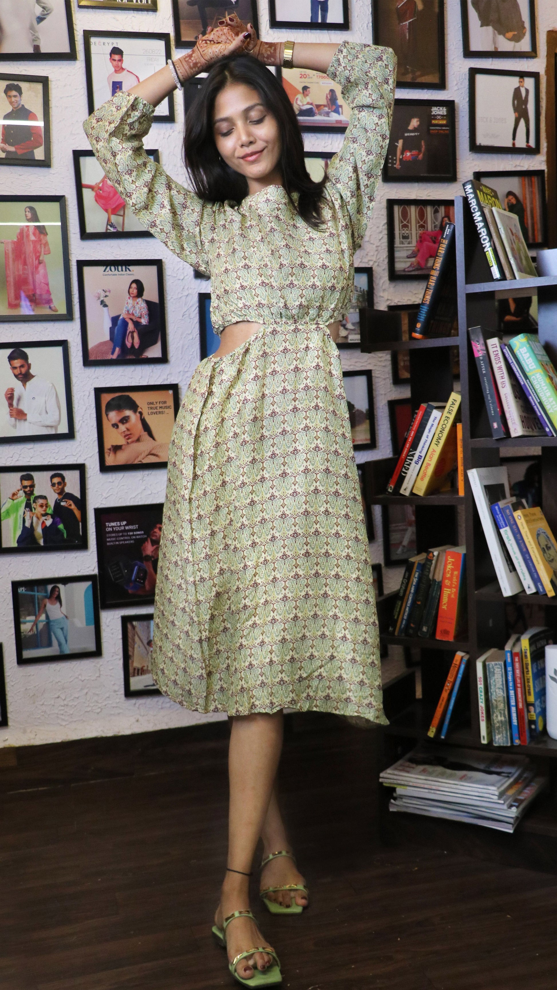 Noroke Sustainable fabric | Mushroom Ikat Cut-out Midi Dress - Printed | Swadesiicart