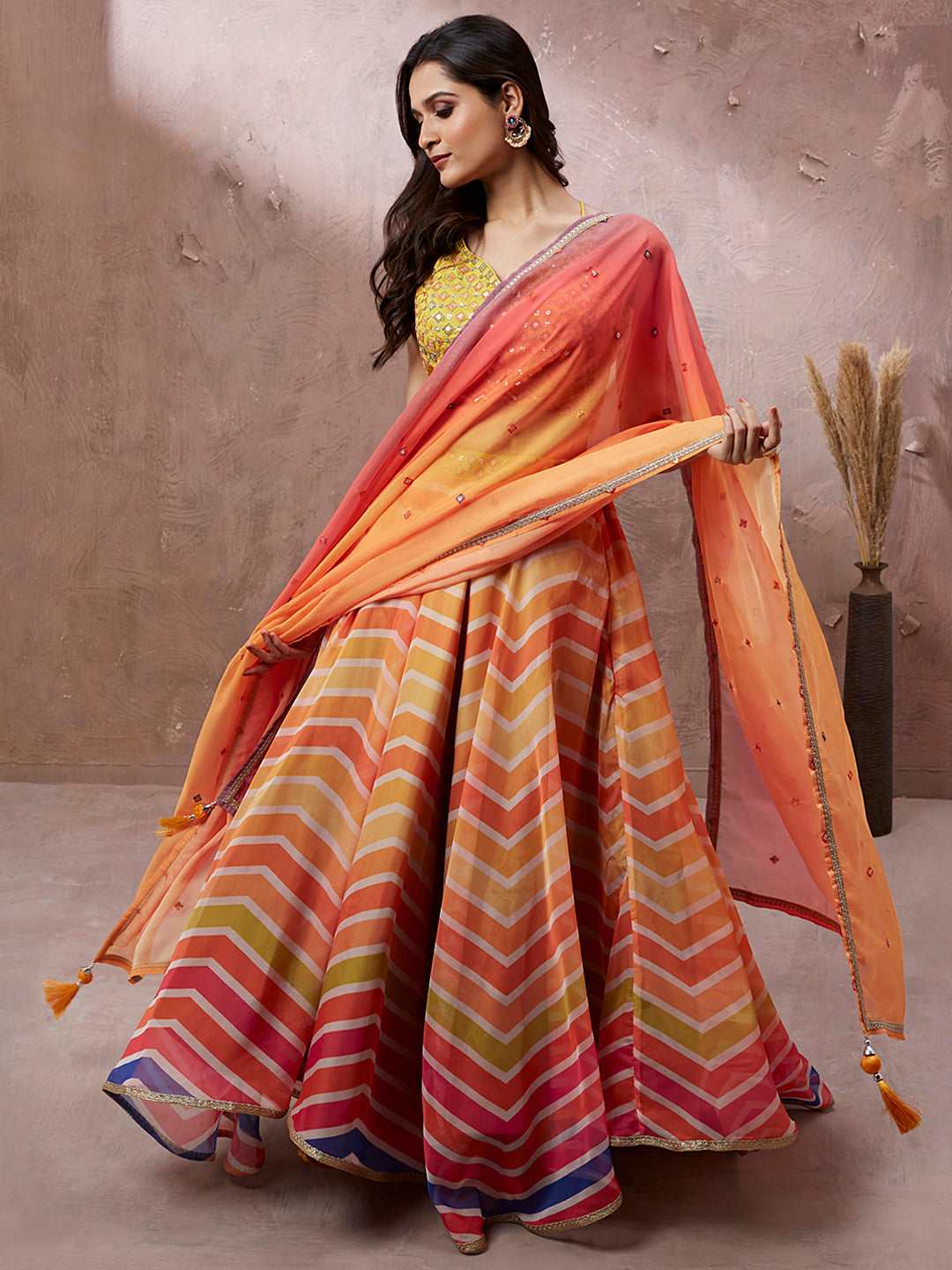 House of Panchhi Yellow Organza Leheriya Printed Lehenga Choli & Dupatta | Swadesiicart