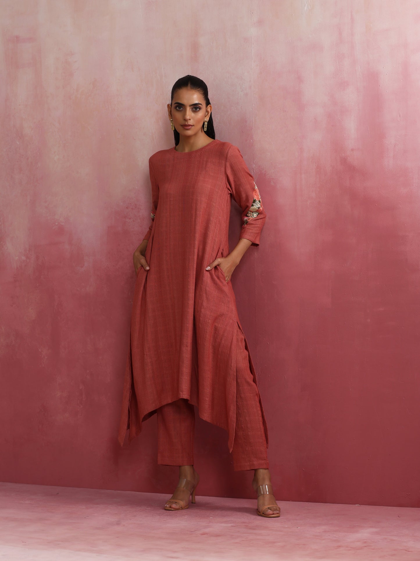 trueBrowns Peach Cotton Dobby Kurta Set | Swadesiicart