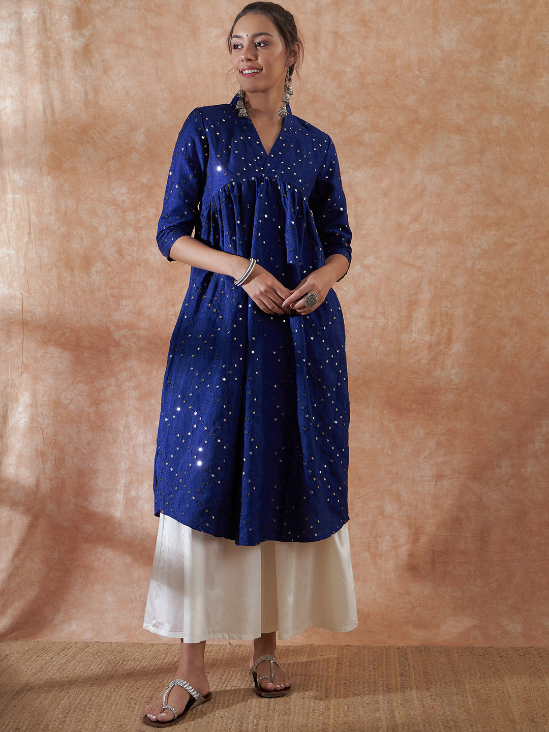 InWeave Women's Blue Mirror Work Flared Kurta - Swadesiicart
