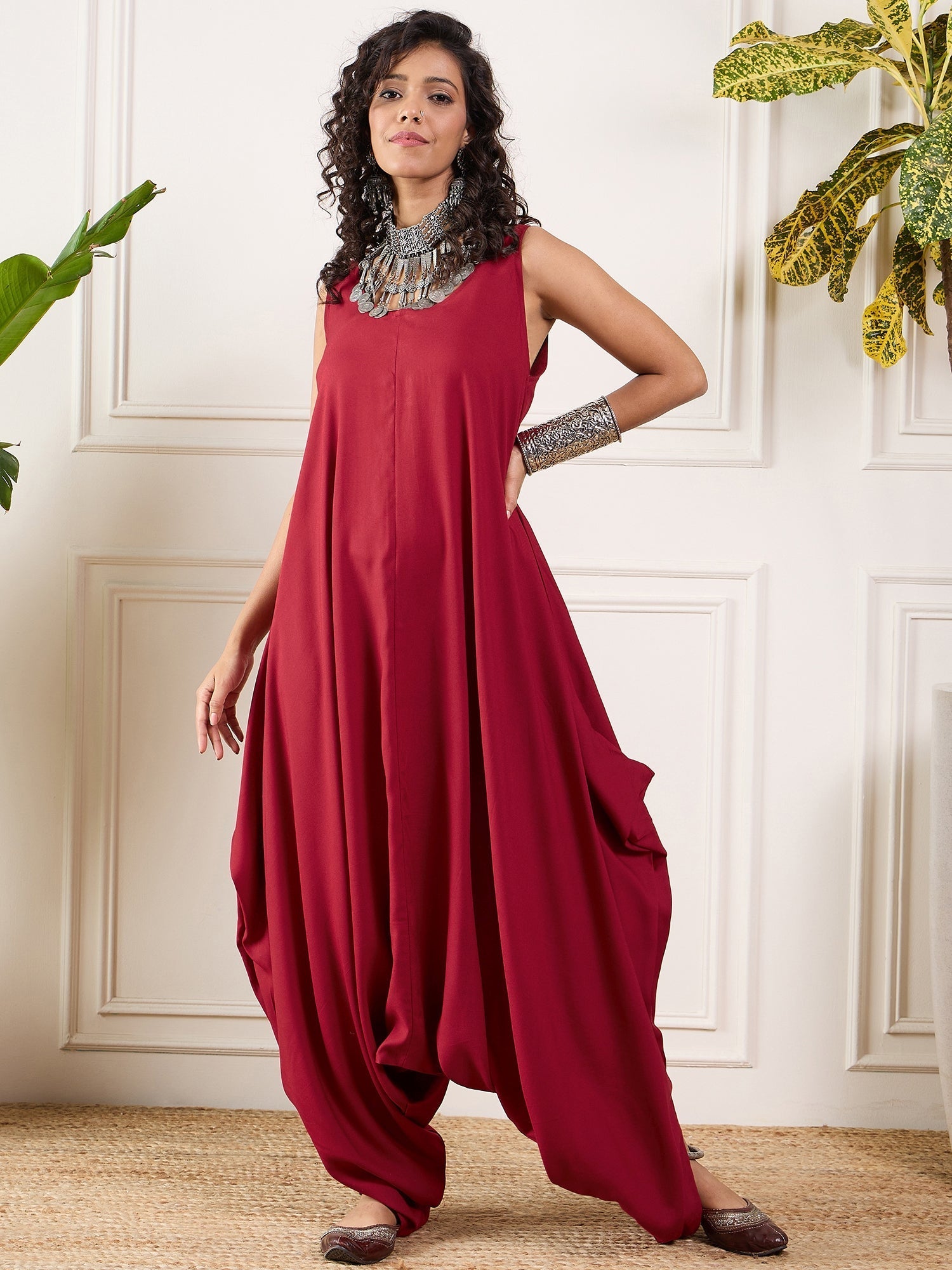 InWeave Maroon Round Sleeveless Jumpsuit - Swadesiicart