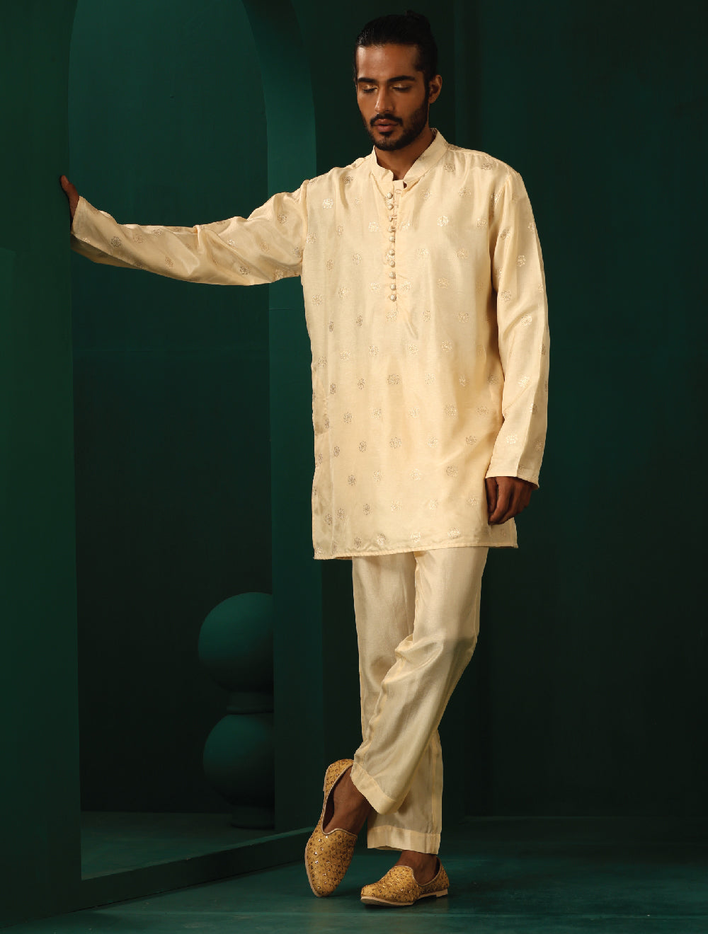 trueBrowns Men's Ivory Geometric Floral Viscose Silk Co-ord Set - Swadesiicart