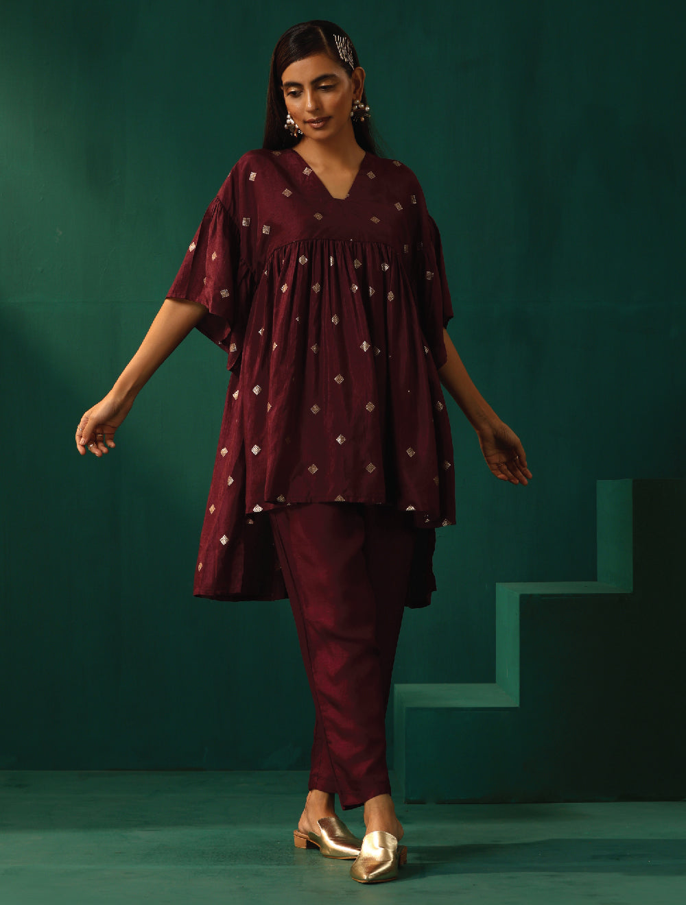 trueBrowns Wine Diamond Viscose Silk Waist Sleeve Gathered Co-ord Set - Swadesiicart
