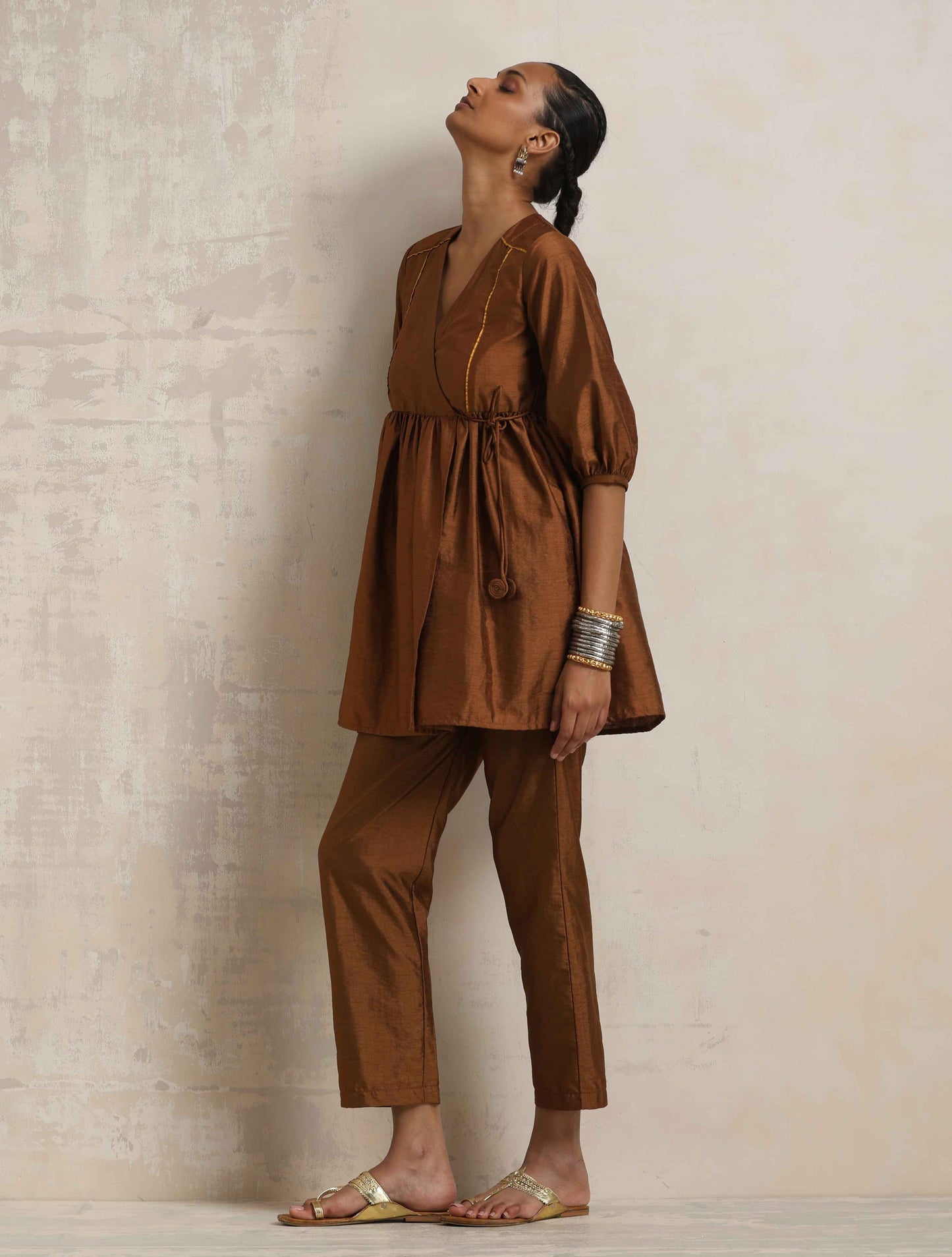 trueBrowns Brown Silk Angrakha Co-ord Set - Swadesiicart
