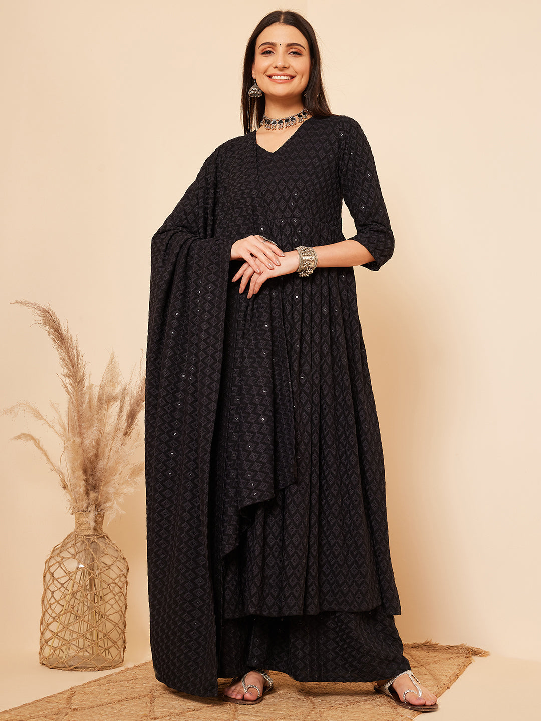 InWeave Women's Black Chikankari Long Anarkali Kurta Sharara Set W Dupatta - Swadesiicart