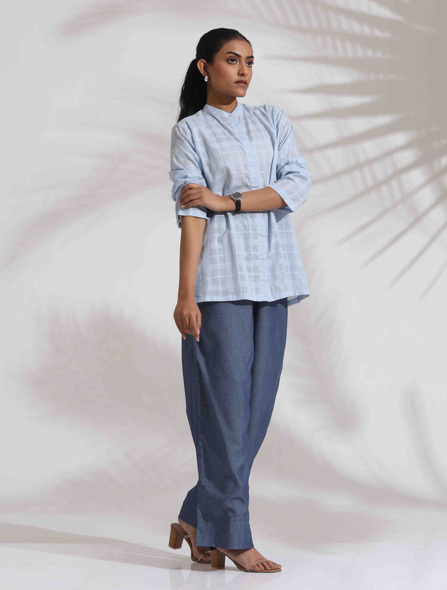trueBrowns Blue Cotton Check Shirt Top Co-ord Set - Swadesiicart