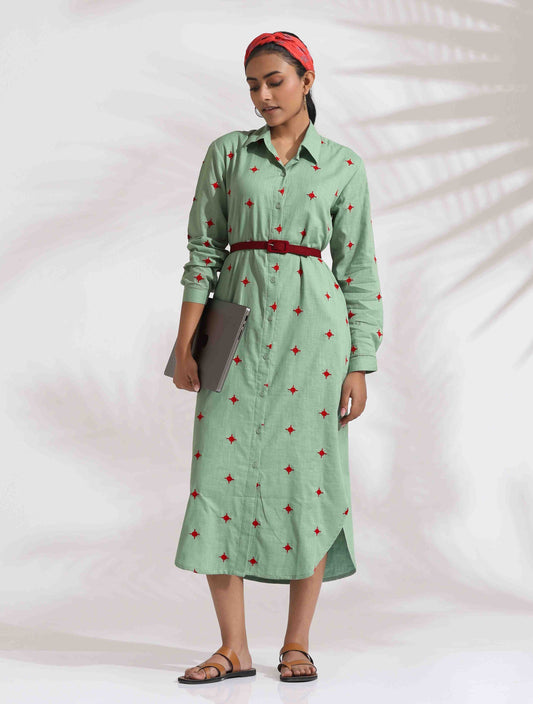 trueBrowns Green Cotton Embroidered Shirt Dress | Swadesiicart