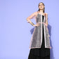 InWeave Women's Black Strappy Kurta Set With Peach Organza Cape - Swadesiicart