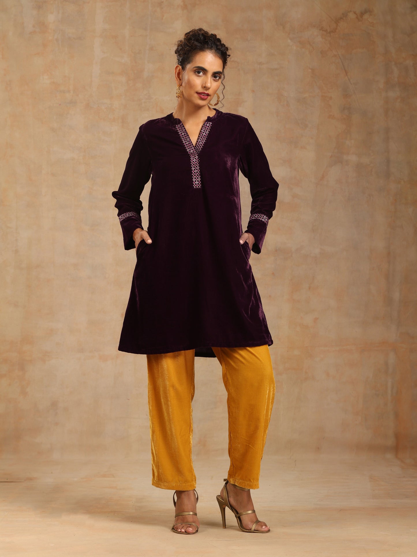 trueBrowns Wine Velvet Placket Embroidered Co-ord Set - Swadesiicart