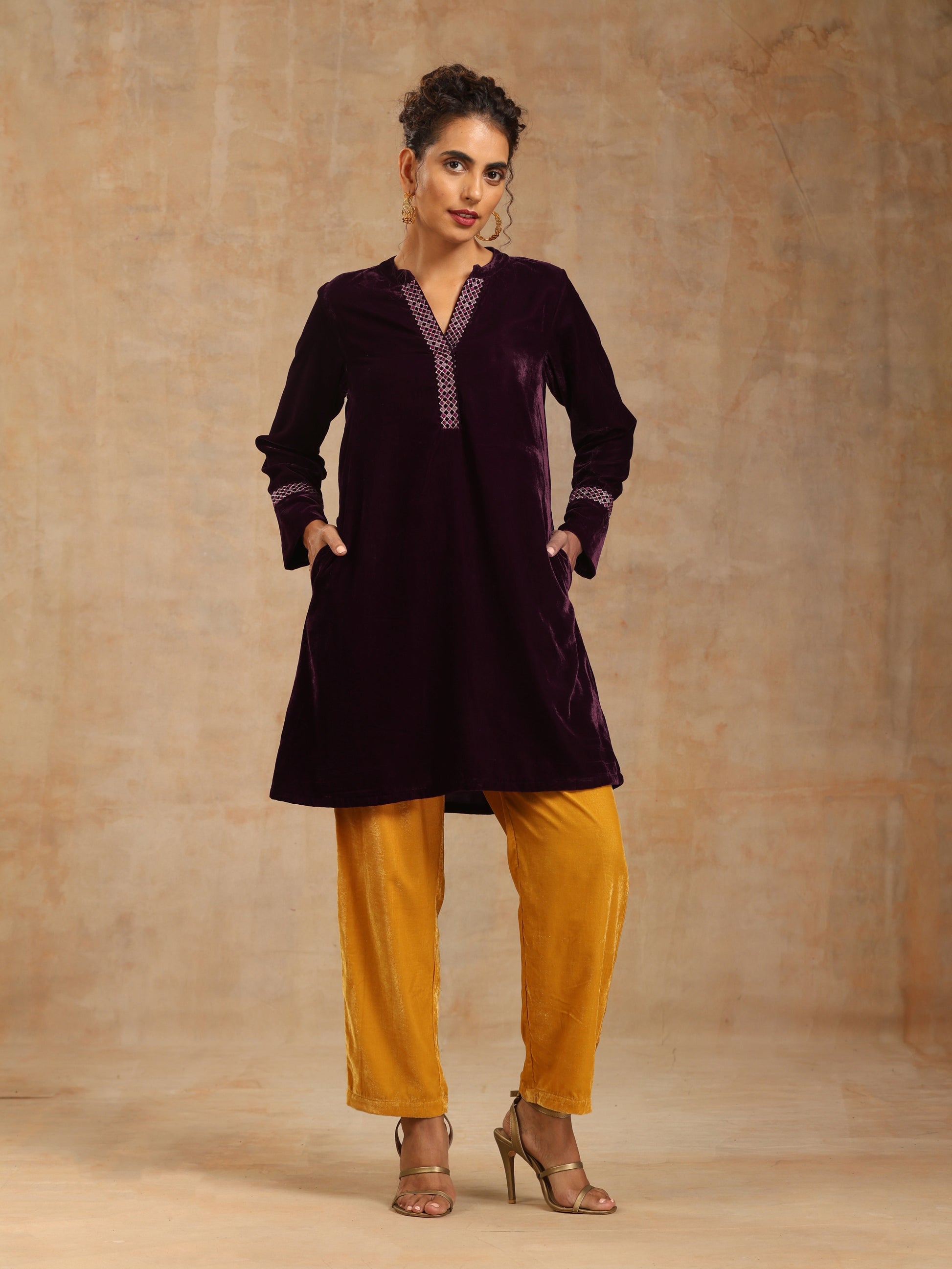 trueBrowns Wine Velvet Placket Embroidered Co-ord Set - Swadesiicart