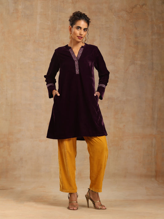 trueBrowns Wine Velvet Placket Embroidered Co-ord Set - Swadesiicart