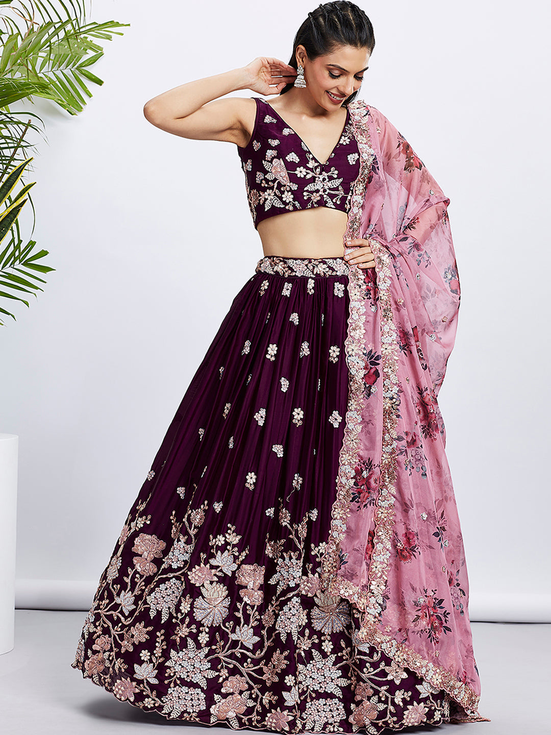 House of Panchhi Purple Pure Georgette Sequins And Thread Embroidery Lehenga Choli & Dupatta | Swadesiicart