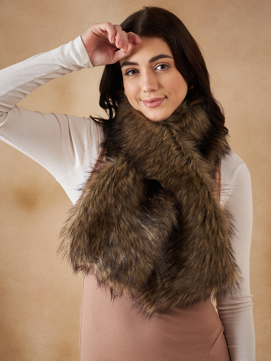 InWeave Women's Beige Print Faux Fur Neck Warmer - Swadesiicart