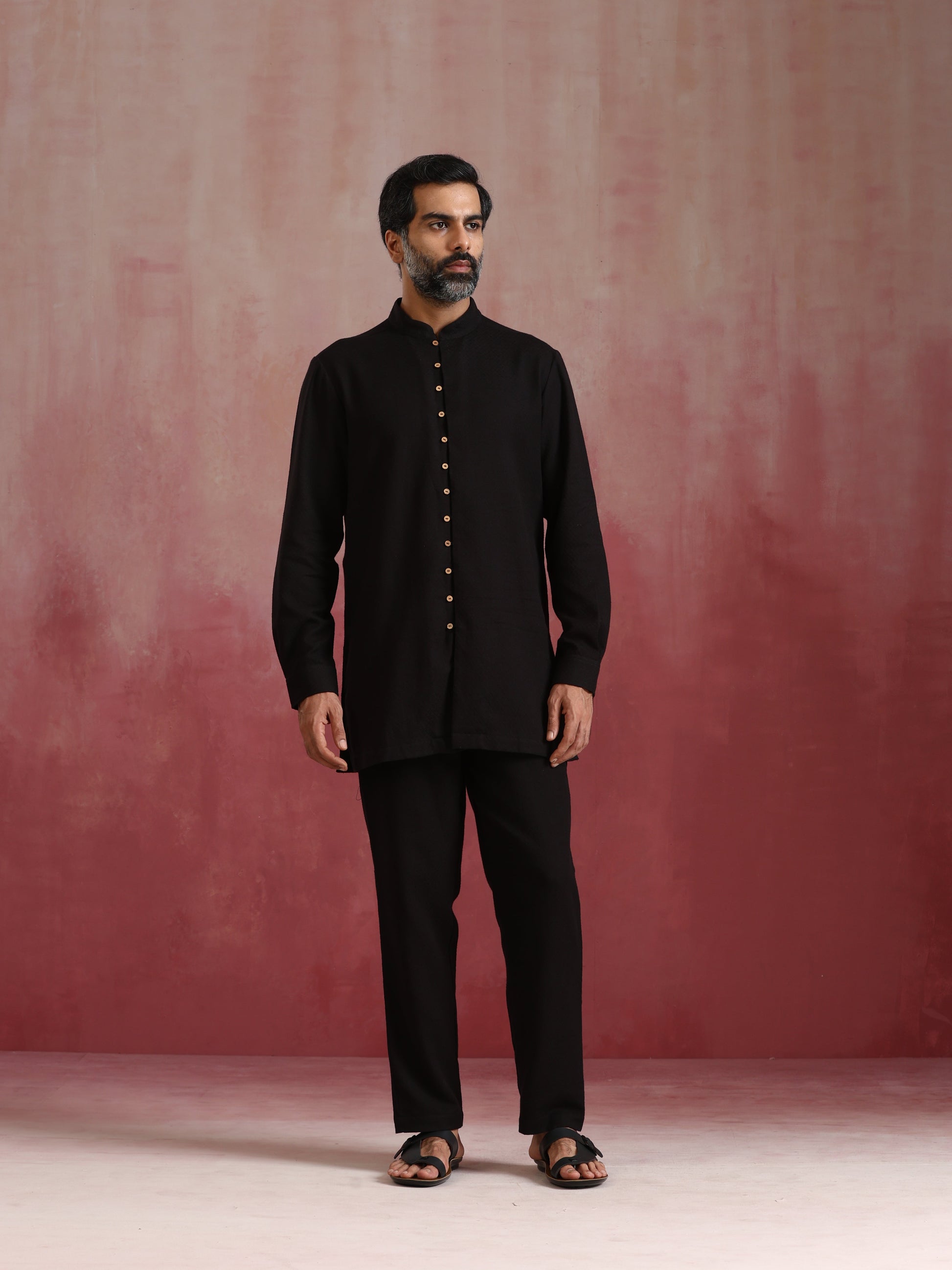trueBrowns Men's Black Cotton Dobby Kurta Co-ord Set - Swadesiicart