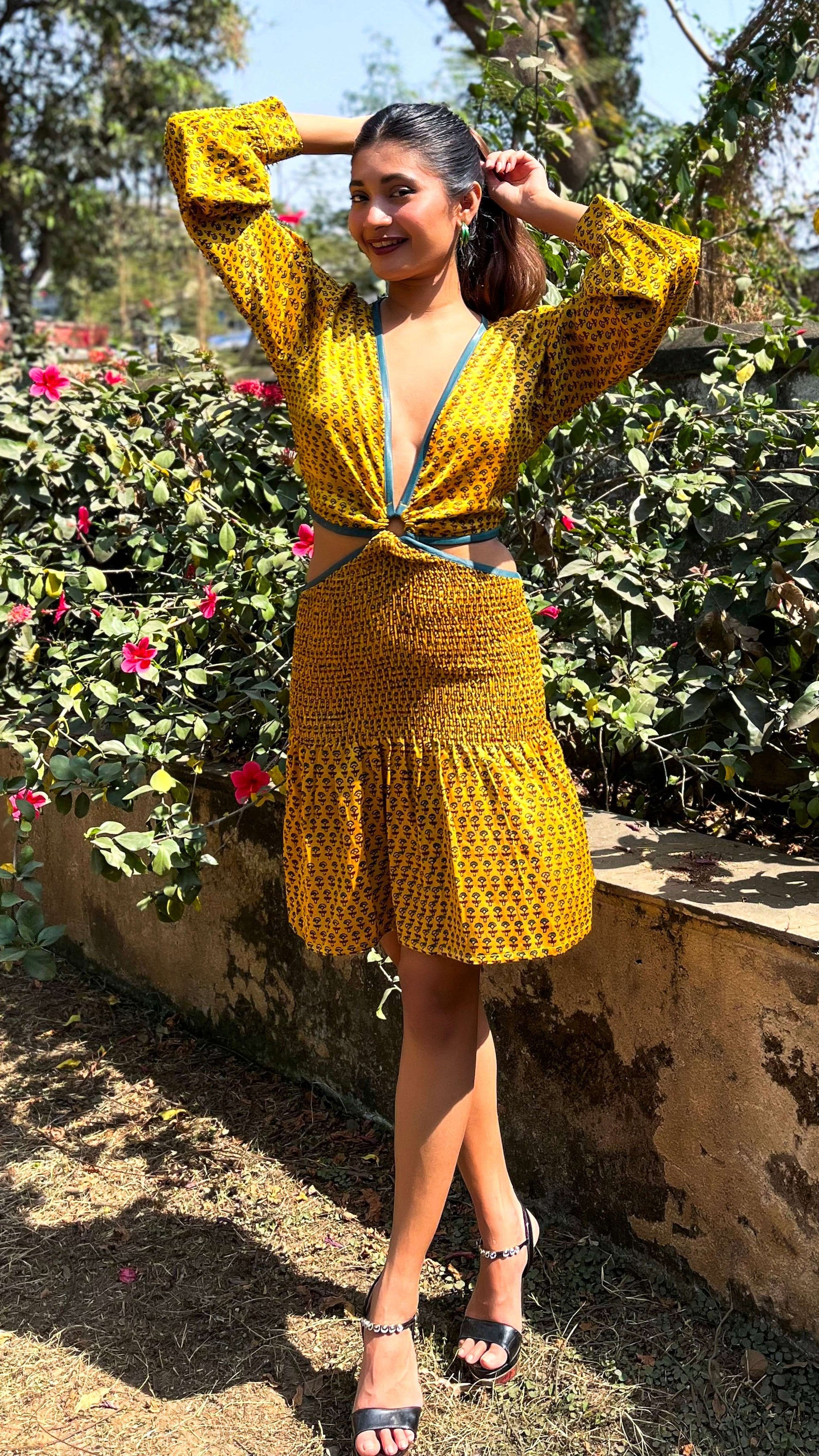 Noroke Yellow silk cut out short dress | Swadesiicart