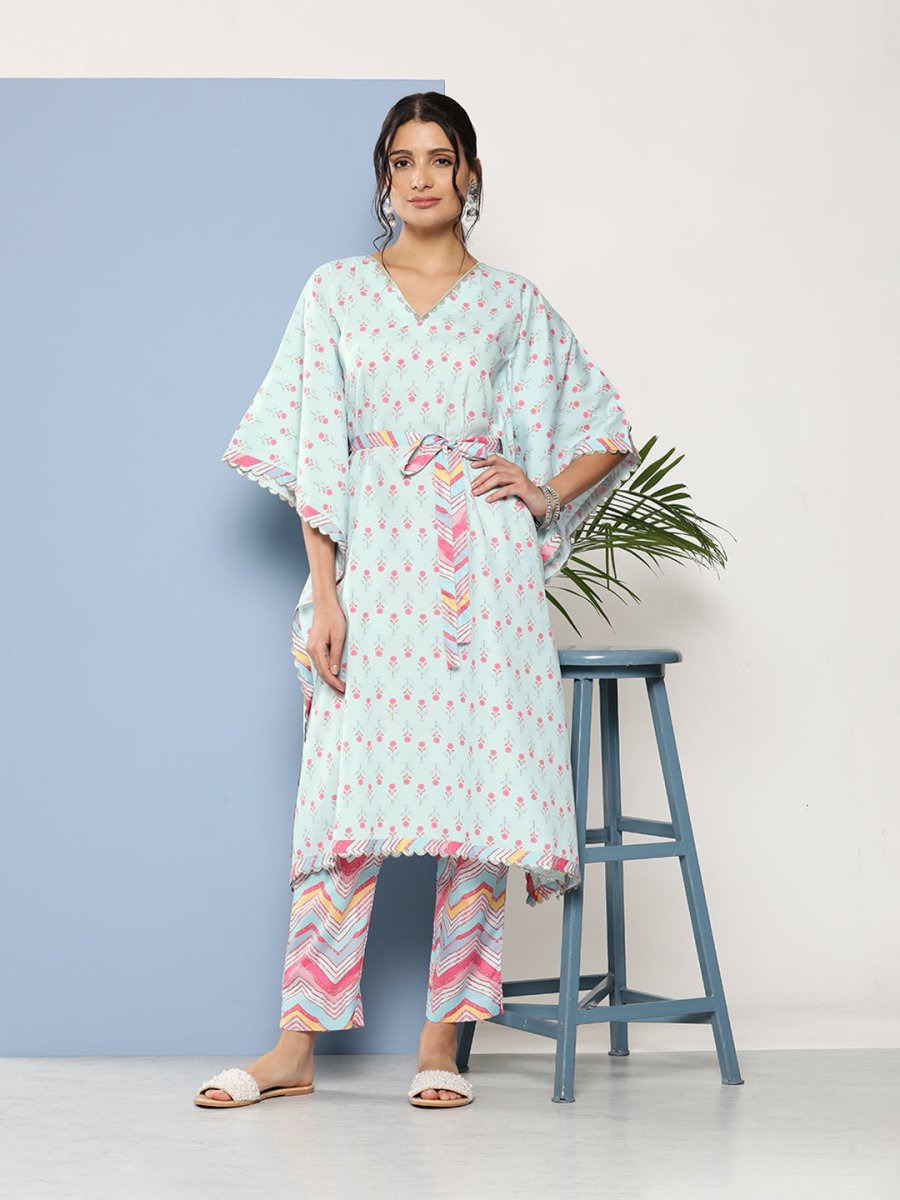 Ahalyaa Women Sea Green Floral Printed Gotta Patti Kurta with Trousers | Swadesiicart