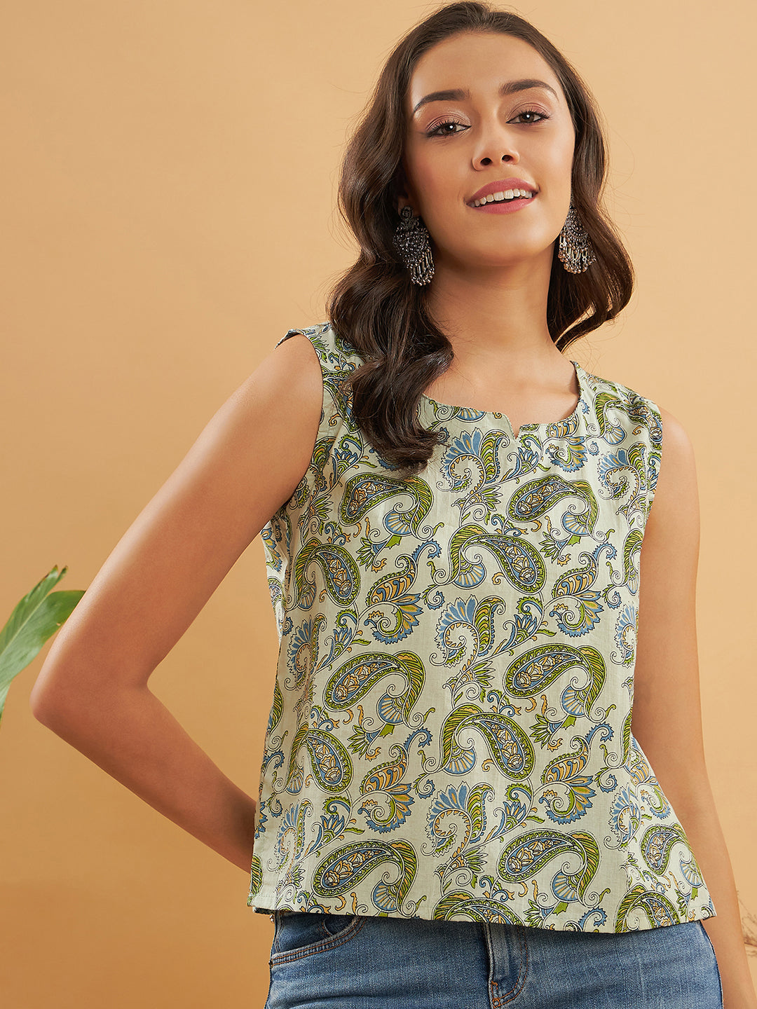 InWeave Sage Green Paisley Print W/U Top - Swadesiicart