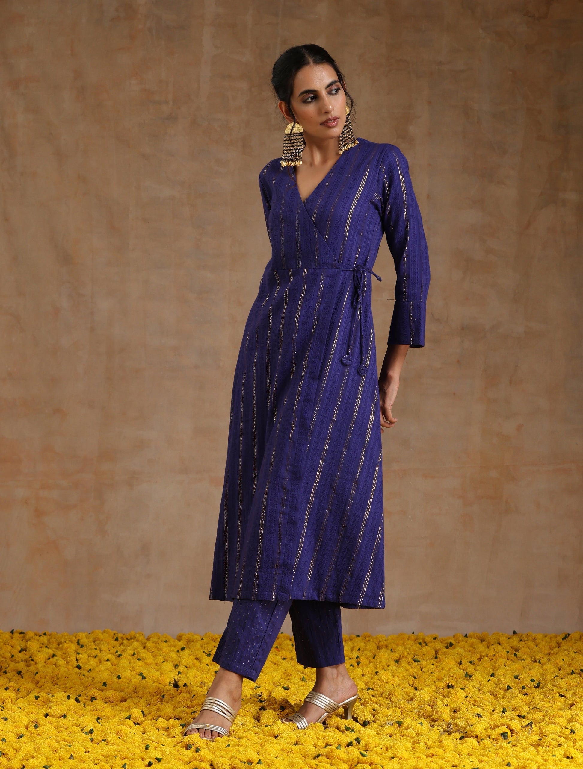 trueBrowns Spectrum Blue Gold Cotton Angrakha Kurta Set | Swadesiicart