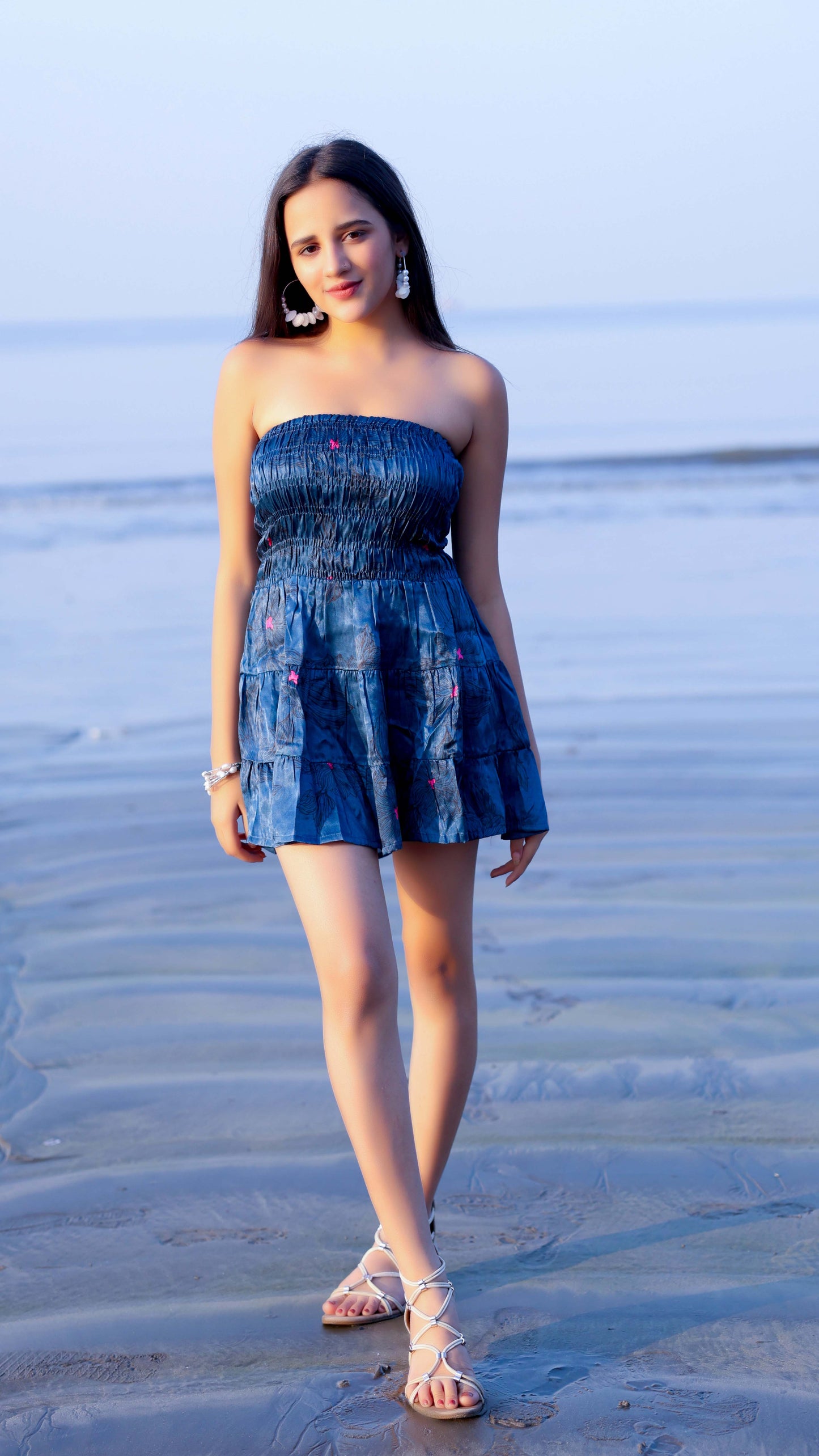 Noroke Modal Steel Blue Printed Mini Tiered Dress | Swadesiicart