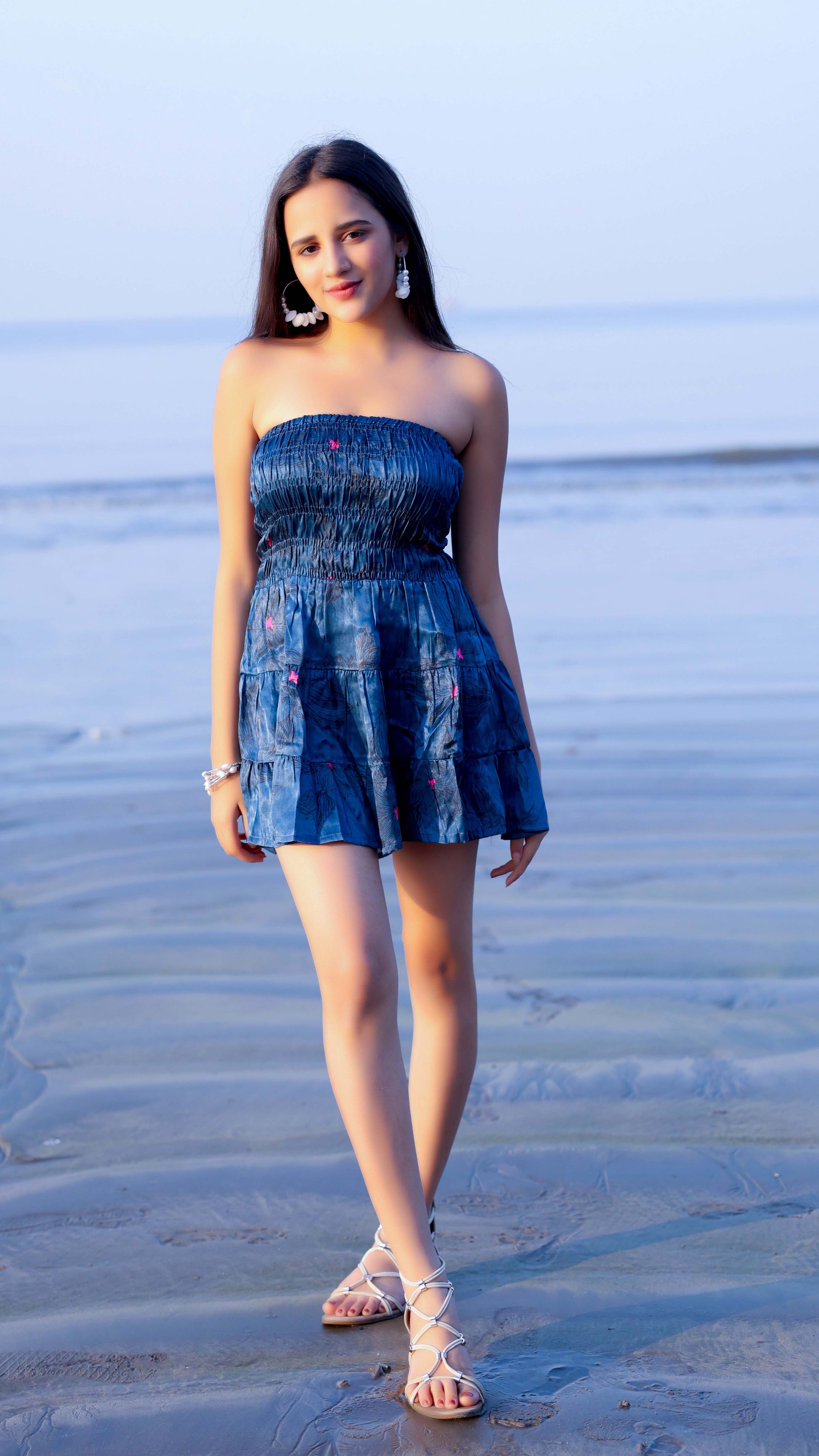 Noroke Modal Steel Blue Printed Mini Tiered Dress | Swadesiicart