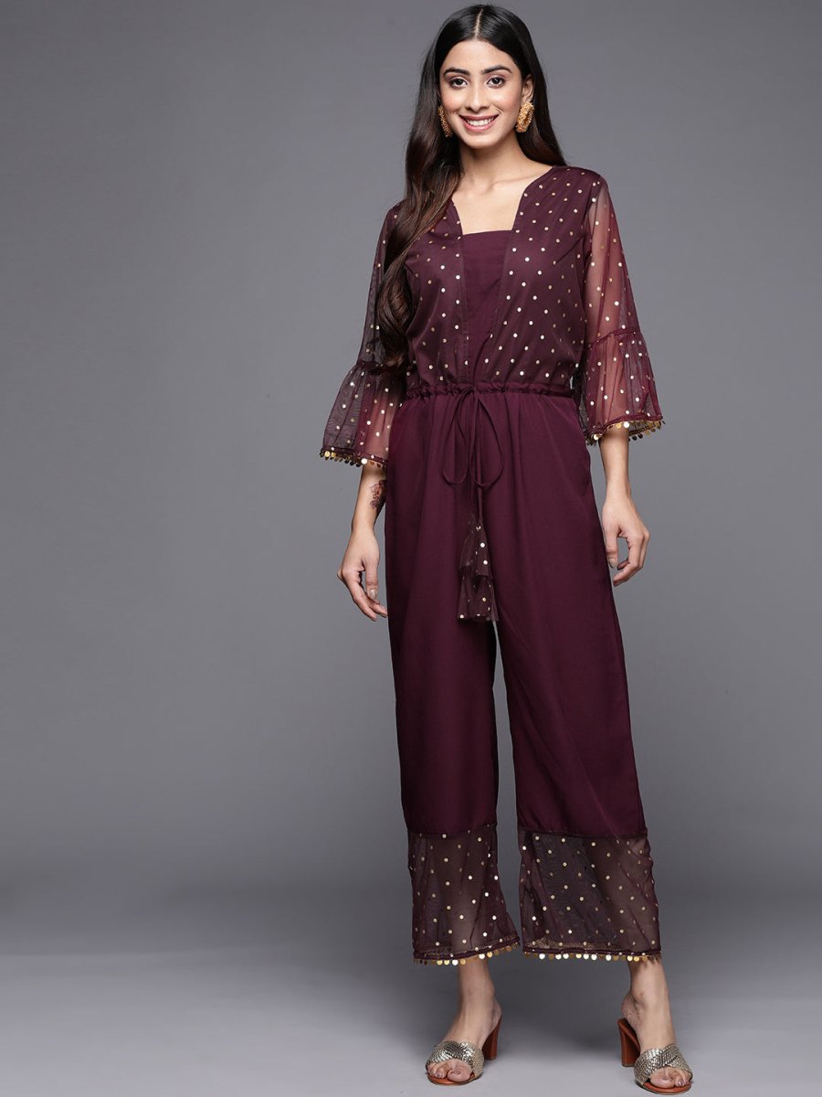 Ahalyaa Printed Bell Sleeves Crepe Basic Jumpsuit With Waist Tie-Ups | Swadesiicart