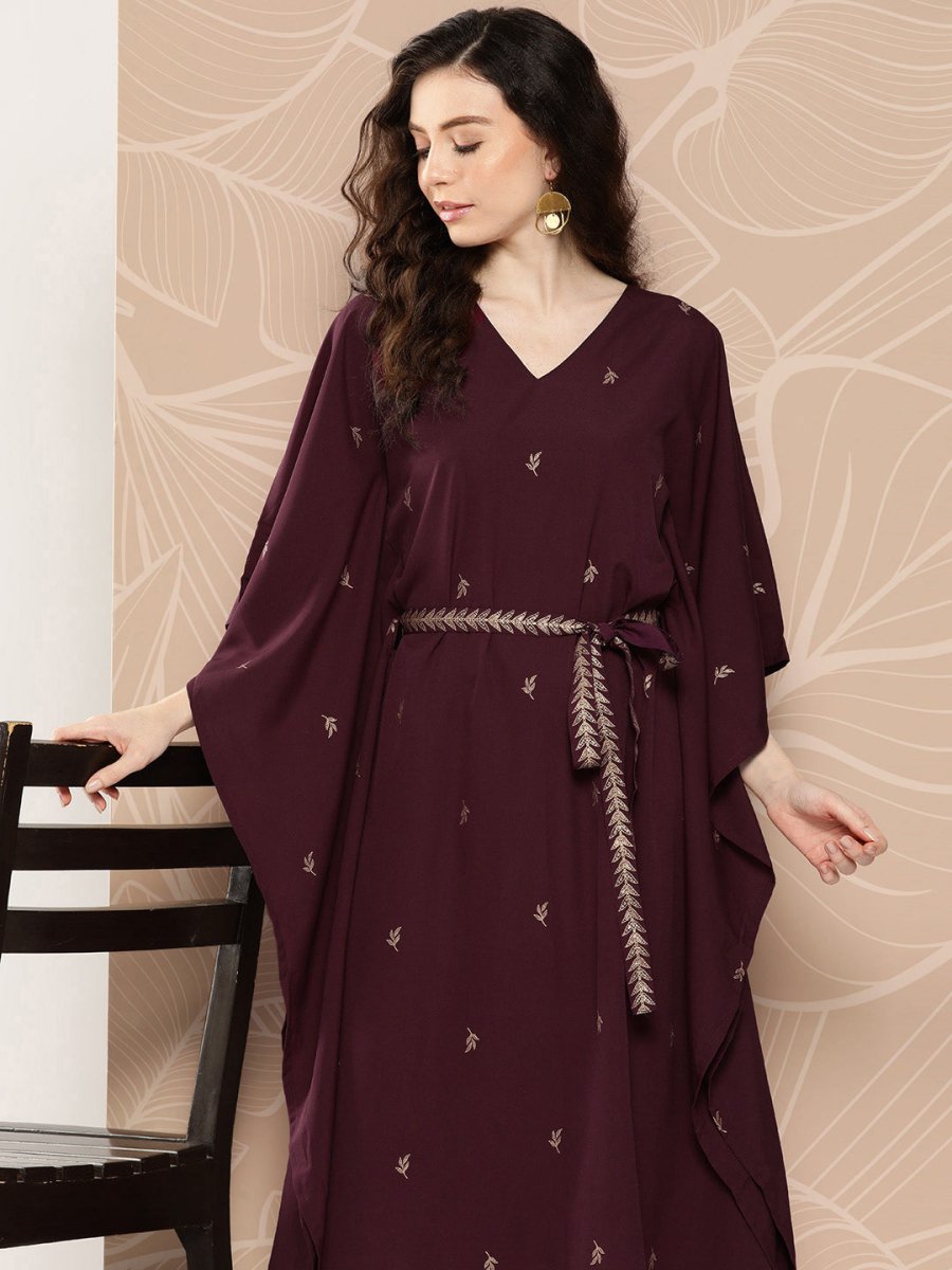 Ahalyaa Women Floral Printed Flared Sleeves Belted Detail Crepe Kaftan Kurta | Swadesiicart