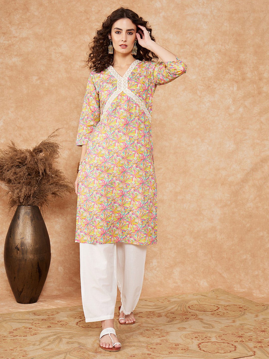 InWeave Women's Multi Floral Painted Alia Lace Work Straight Kurta - Swadesiicart