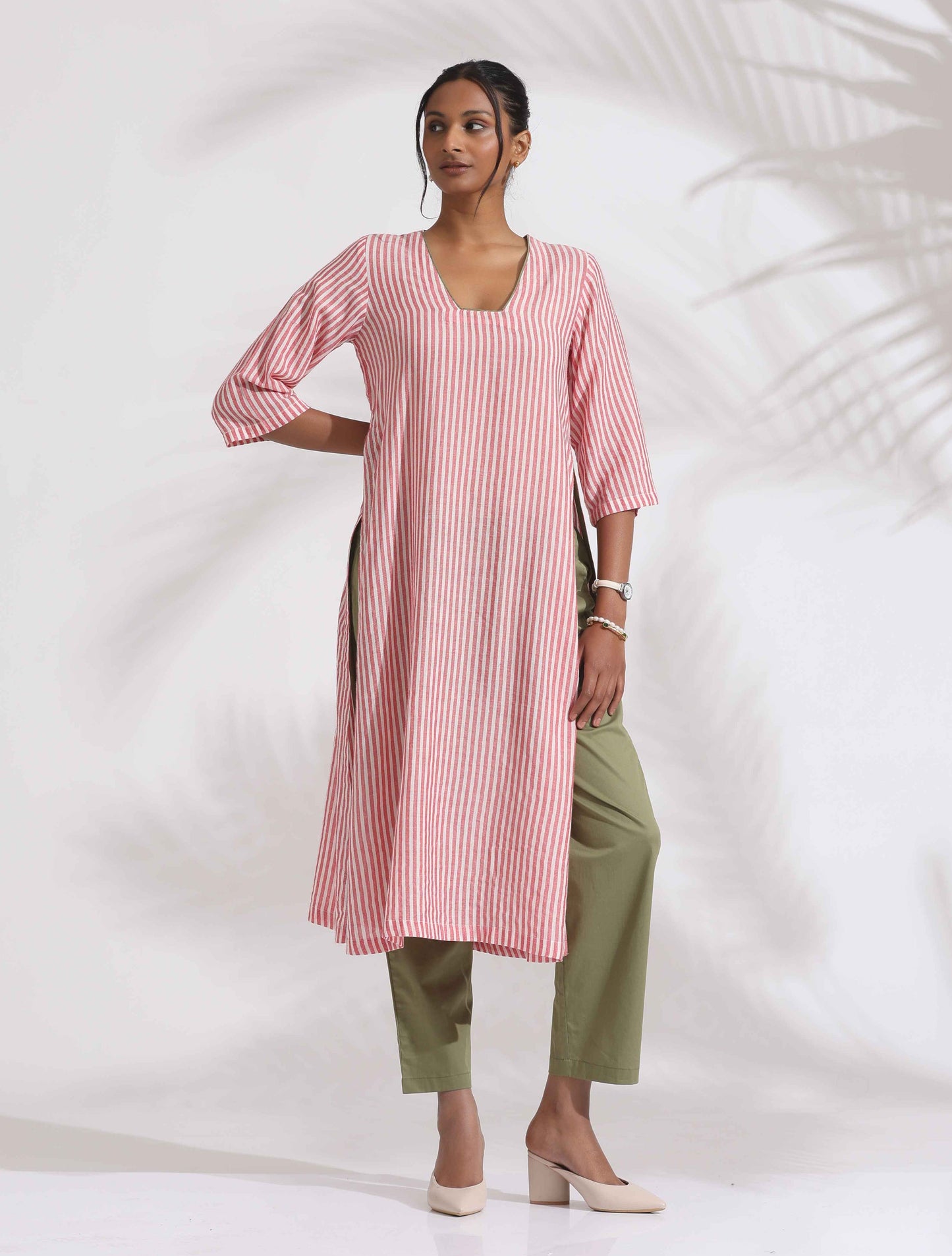 trueBrowns Red Cotton Stripe Straight Kurta Set | Swadesiicart