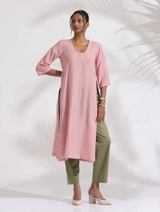 trueBrowns Red Cotton Stripe Straight Kurta Set | Swadesiicart