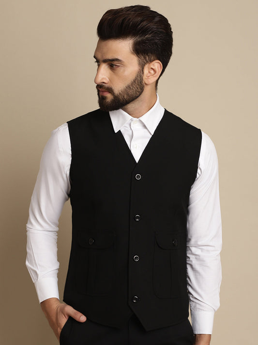 Even Apparels Men's Black Waistcoat With Patch Pocket | Swadesiicart