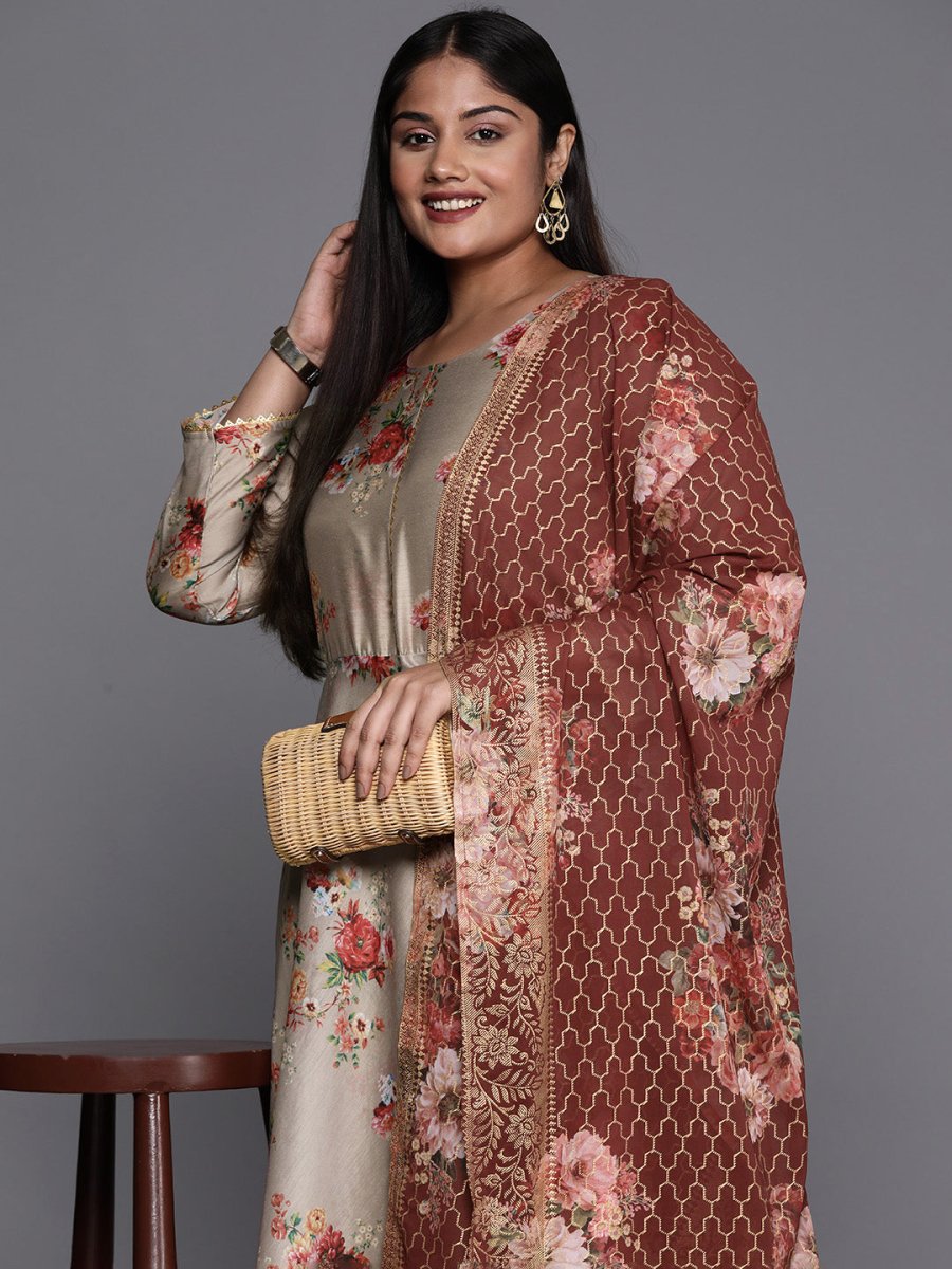 Ahalyaa Plus Size Round Neck Maxi Ethnic Dress With Dupatta | Swadesiicart