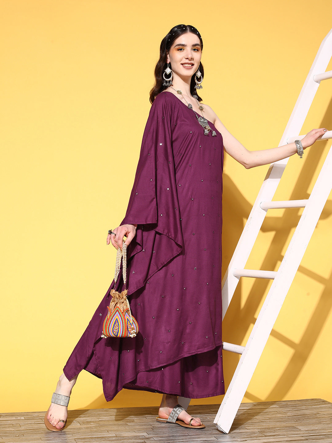 InWeave Women's Wine Mirror Work One Shoulder Kurta Set - Swadesiicart