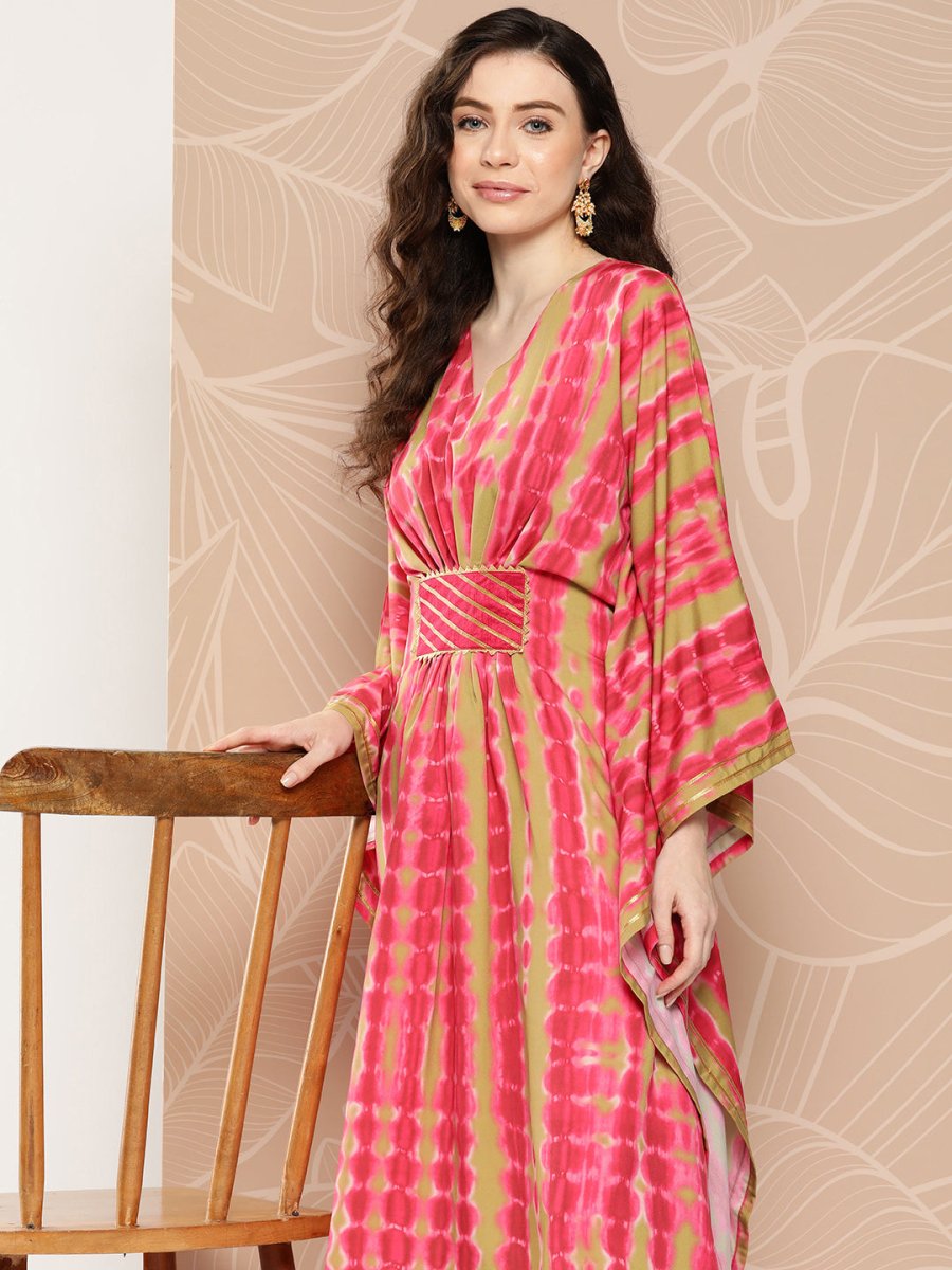 Ahalyaa Women Printed Flared Sleeves Gotta Patti Belted Detail Crepe Kaftan Kurta | Swadesiicart
