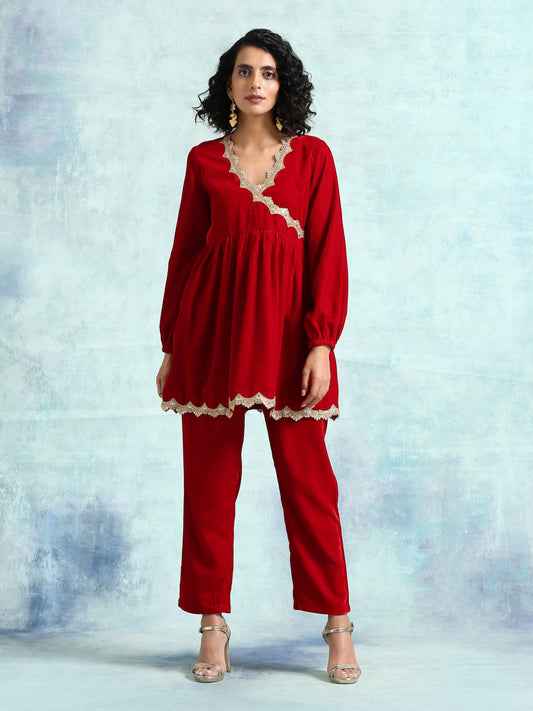 trueBrowns True Red Velvet Lace Co-Ord Set - Swadesiicart