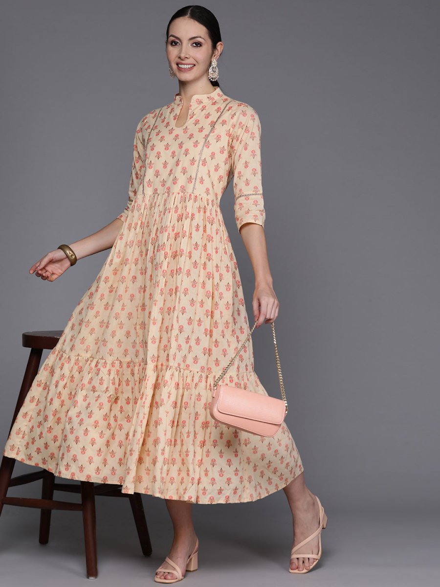 Ahalyaa Floral Print Mandarin Collar Tiered Midi Pure Cotton Ethnic Dress | Swadesiicart
