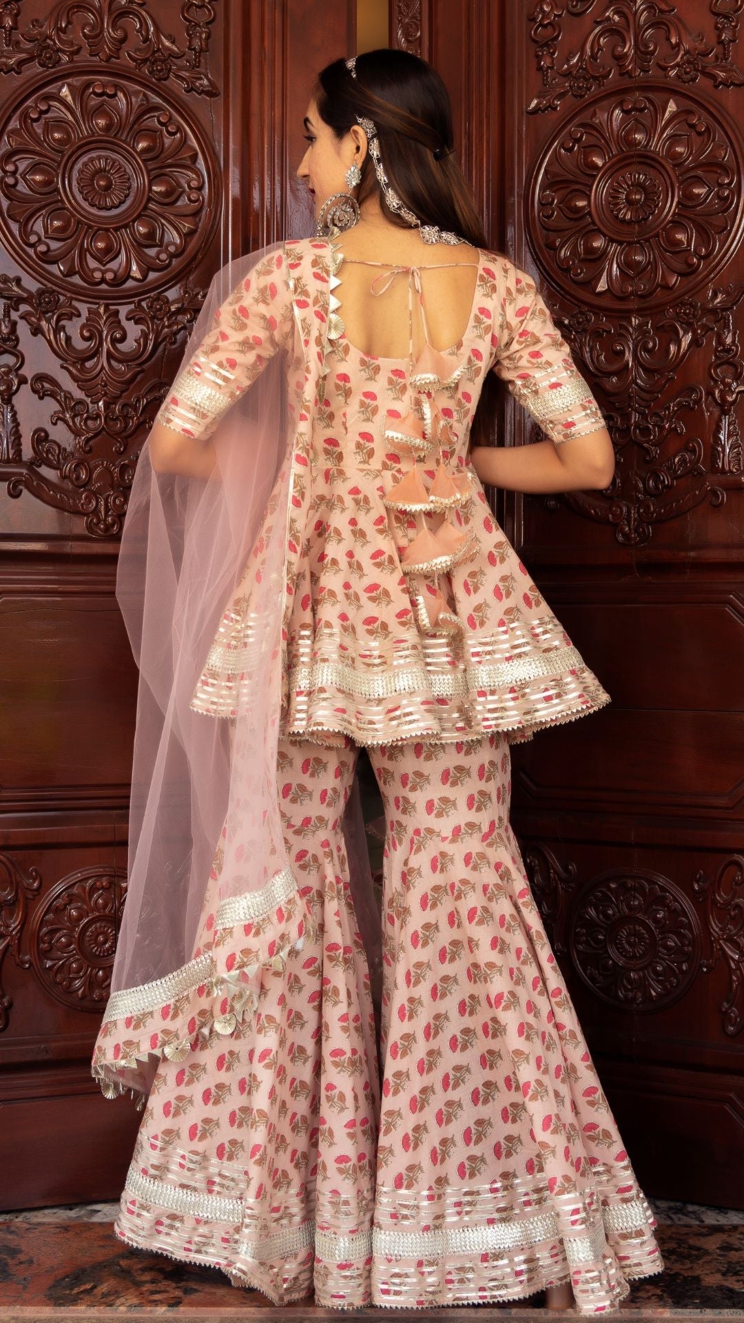 Pomcha Jaipur Peach Hand Block Cotton Sharara Set | Swadesiicart