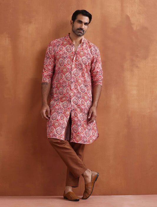 trueBrowns Men's Beige Printed Front Open Kurta | Swadesiicart