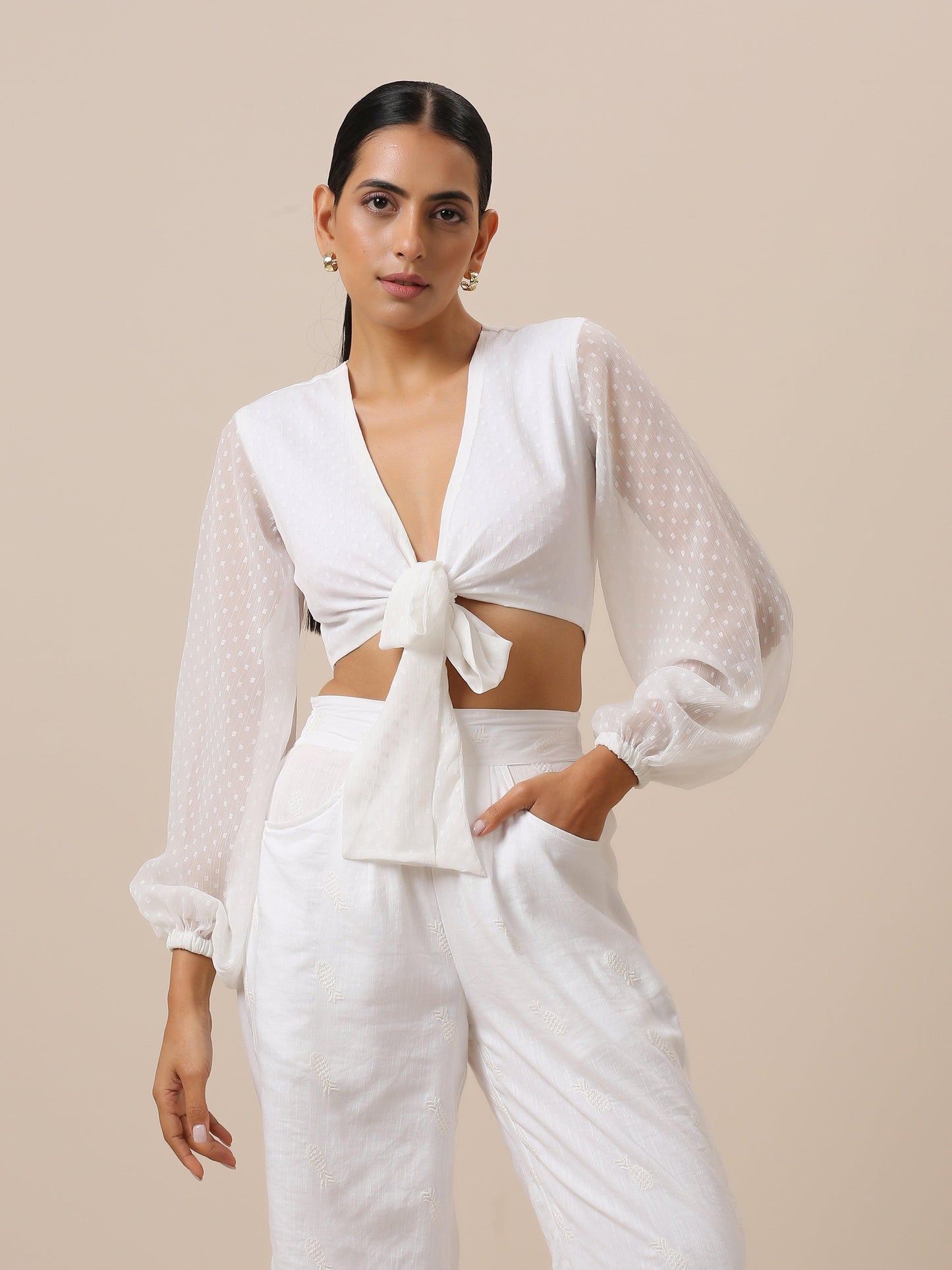 trueBrowns Chiffon White Dobby Tie Up Top | Swadesiicart