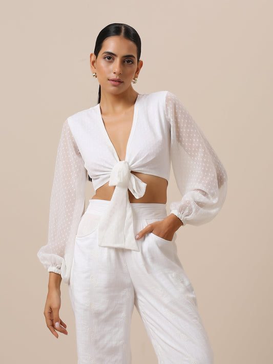 trueBrowns Chiffon White Dobby Tie Up Top | Swadesiicart