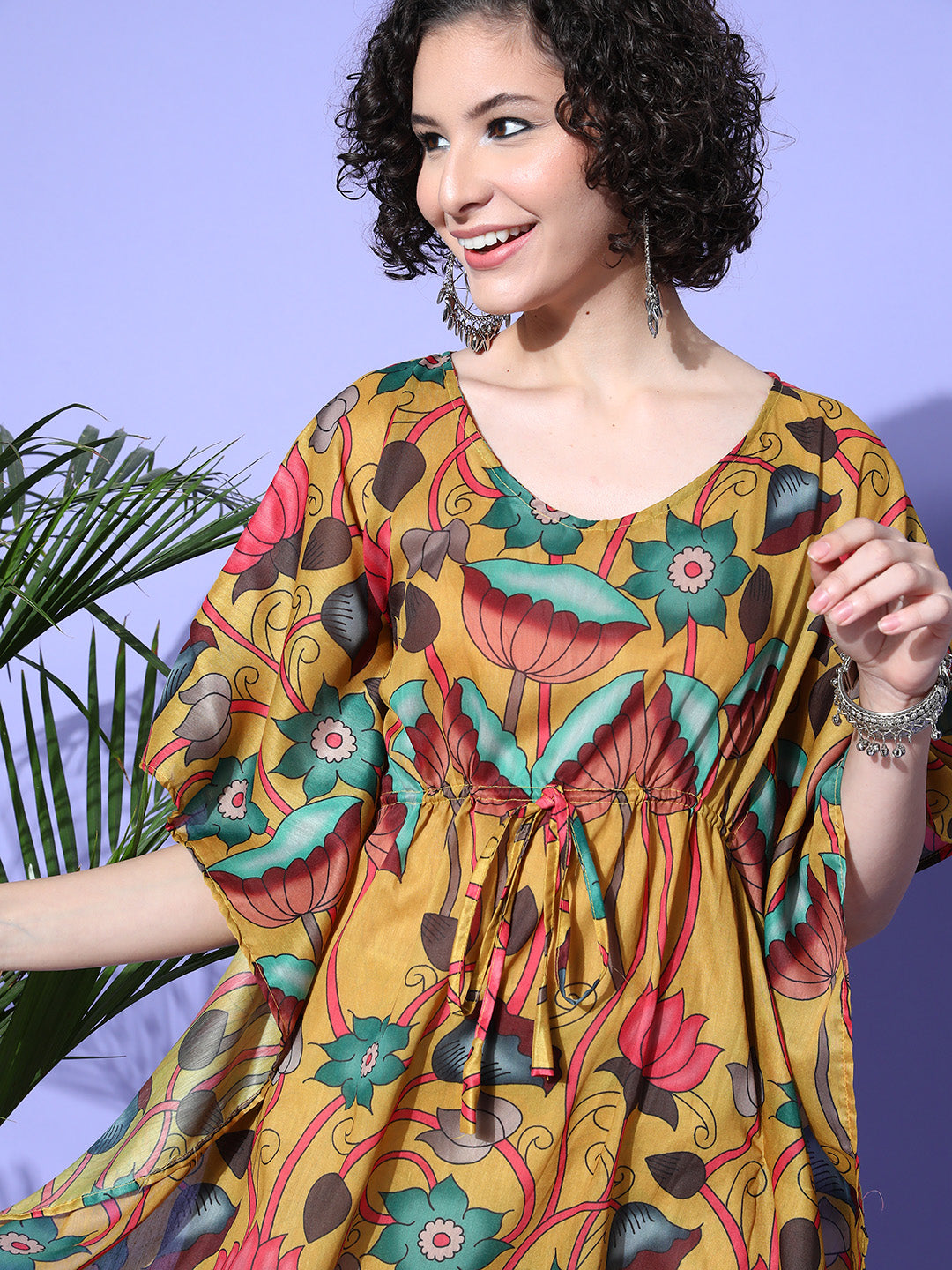 InWeave Women's Mustard Printed Kaftan Dress - Swadesiicart